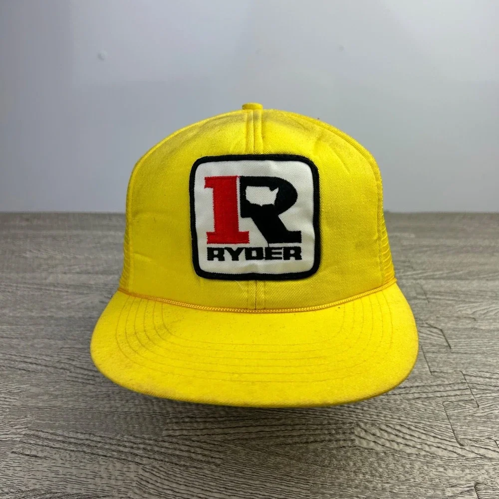 Vintage 80s Ryder Trucker Hat Cap Snap Back Adjustable Yellow Rope Patch Logo‎